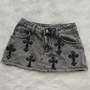 Gray Denim Mini Skirt with Black Cross Appliqués